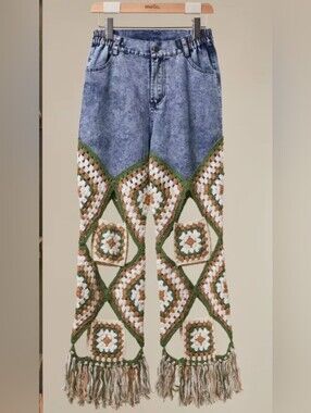 Blue Denim & Olive Crochet Fringe Jeans
